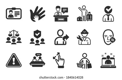 Employees talk, Social responsibility and Identification card icons simple set. Touchscreen gesture, Buyer and Repairman signs. Best manager, Court jury and Vacancy symbols. Flat icons set. Vector