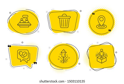 Employees talk, Trash bin and Augmented reality signs. Chat bubbles. Location, Fireworks and Medical drugs line icons set. Map pointer, Christmas pyrotechnic, Medicine pills. Collaboration. Vector