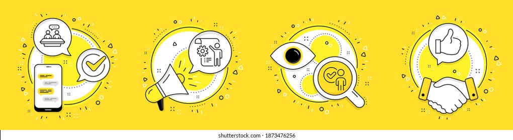 Employees talk, Verification person and Settings blueprint line icons set. Cell phone, megaphone and deal vector icons. Like sign. Collaboration, Approved client, Engineering cogwheel. Vector