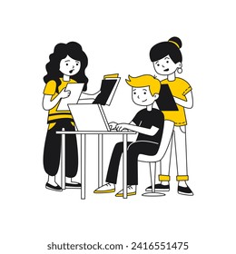 Employees talking at office desk with computer. The girls are standing and the guy is working at laptop. Isolated cartoon linear black and yellow illustration on white background