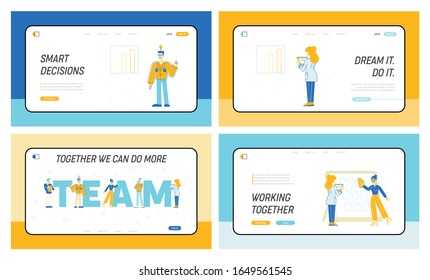 Employees Team Brainstorm, Searching Solution Website Landing Page Set. Office People Company Finance Strategy Development, Teamwork Process Web Page Banner. Cartoon Flat Vector Illustration, Line Art