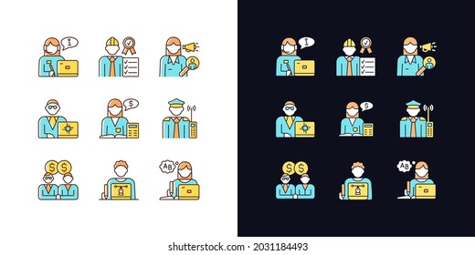 Employees team light and dark theme RGB color icons set. Accountant. Sales epresentative. Team of workers. Isolated vector illustrations on white and black space. Simple filled line drawings pack