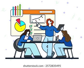 Employees team meeting concept. Businesswoman presenting in front of her team with graphs and data on screen. Office collaboration and leadership. Analysis, development, statistics, growth. 