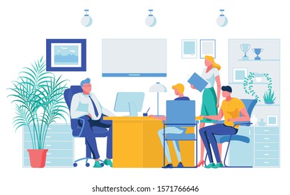 Employees Team Reporting Project Results to Boss Chief. Flat Office Interior. Businesspeople Group Meeting and Negotiation. Business Company. Interviewing Candidate. Vector Cartoon illustration