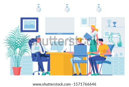Employees Team Reporting Project Results to Boss Chief. Flat Office Interior. Businesspeople Group Meeting and Negotiation. Business Company. Interviewing Candidate. Vector Cartoon illustration