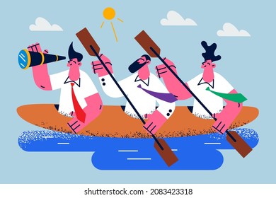 Employees team sail in boat reach shared business success or victory. Businesspeople motivated for company result or win. Teamwork and collaboration concept. Teambuilding. Vector illustration. 
