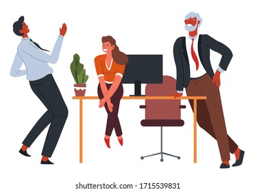 Employees team talking and laughing at free time on coffee break. Office workers team discussing funny things, man and woman at working place. Director or boss with coworkers, vector in flat