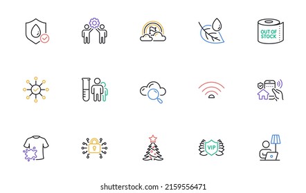Employees teamwork, Cloud computing and Survey check line icons for website, printing. Collection of Christmas tree, Vip security, Wifi icons. Leaf dew, House security. Vector