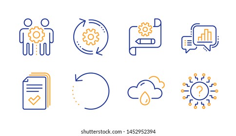 Employees teamwork, Cogwheel blueprint and Handout line icons set. Rainy weather, Recovery data and Graph chart signs. Cogwheel, Question mark symbols. Collaboration, Edit settings. Vector