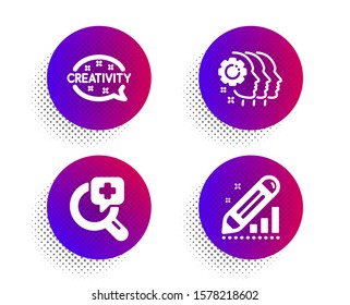 Employees teamwork, Creativity and Medical analyzes icons simple set. Halftone dots button. Edit statistics sign. Collaboration, Inspiration, Medicine. Seo manage. Business set. Vector
