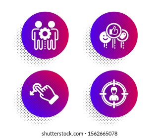 Employees teamwork, Drag drop and Like icons simple set. Halftone dots button. Headhunting sign. Collaboration, Move, Social media likes. Person in target. People set. Vector