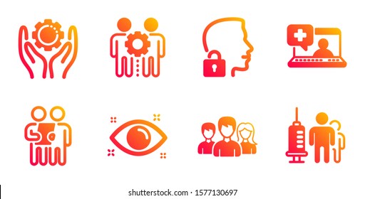 Employees Teamwork, Health Eye And Survey Line Icons Set. Employee Hand, Teamwork And Medical Help Signs. Unlock System, Medical Vaccination Symbols. Collaboration, Optometry. People Set. Vector