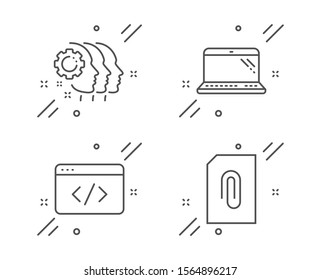 Teamarbeit der Mitarbeiter, Symbole für Laptop- und Seo-Skriptzeilen. Befestigungszeichen. Zusammenarbeit, Computer, Programmierung. Dokument anfügen. Gliederungssymbol für die Gruppenarbeit von Mitarbeitern für Linien. Vektorgrafik