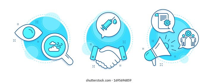 Employees Teamwork, Medical Syringe And Windy Weather Line Icons Set. Handshake Deal, Research And Promotion Complex Icons. Technical Documentation Sign. Collaboration, Vaccination, Cloud Wind. Vector