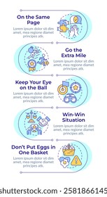 Employees teamwork organization infographic vertical sequence. Collaboration, partnership. Visualization infochart with 5 steps. Circles workflow