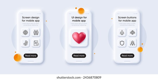 Employees teamwork, Plane and Delivery location line icons pack. 3d phone mockups with heart. Glass smartphone screen. Inclusion, Teamwork, Seo internet web icon. Certificate, Shield pictogram. Vector