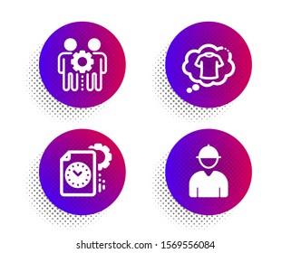 Employees teamwork, Project deadline and T-shirt icons simple set. Halftone dots button. Engineer sign. Collaboration, Time management, Laundry shirt. Worker profile. Business set. Vector