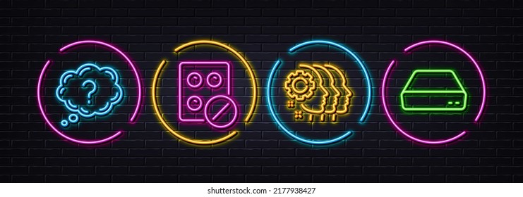 Employees teamwork, Question mark and Medical tablet minimal line icons. Neon laser 3d lights. Mini pc icons. For web, application, printing. Collaboration, Quiz chat, Medicine pill. Computer. Vector