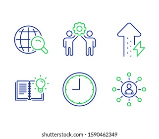 Employees teamwork, Time and Internet search line icons set. Product knowledge, Energy growing and Networking signs. Collaboration, Office clock, Web finder. Education process. Science set. Vector