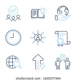 Employees teamwork, Time and Internet search line icons set. Diploma certificate, save planet, group of people. Product knowledge, Energy growing and Networking signs. Vector