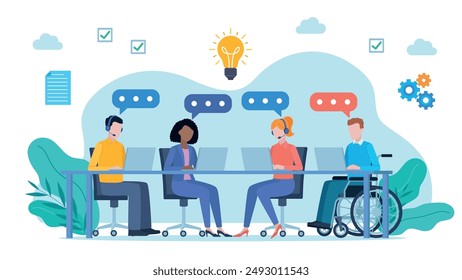 Employees at their desks brainstorm. There are speech bubbles next to their heads. There is a lit bulb above them. Next to them there are checker, document and gear icons. Flat design vector.