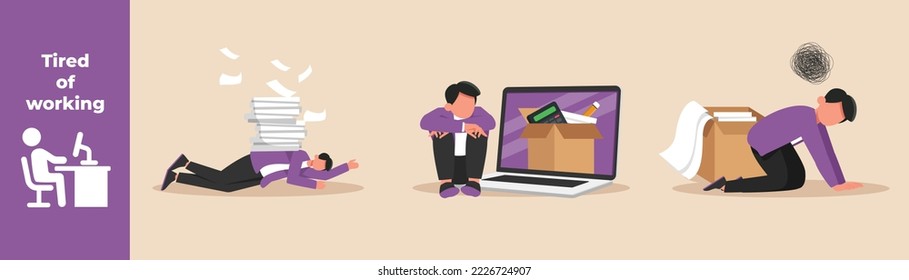 Employees are tired because they are burdened with business tasks. Fatigue set concept at work. Colored flat graphic vector illustration isolated.