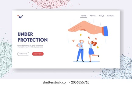 Employees under Leader Protect Landing Page Template. Happy Office Characters Man Woman Dance and Rejoice under Huge Palm Cover them from Rain, Company Insurance. Cartoon People Vector Illustration