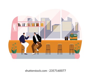 Employees use office break hours to hang out in cafe, waiting for orders to come, they talk together, coffee shop vector illustration.