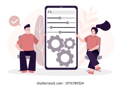 Employees users customize settings on phone screen. Phone screen with users personal page. User interface customization, programming. Concept of creating and setting. Flat vector illustration