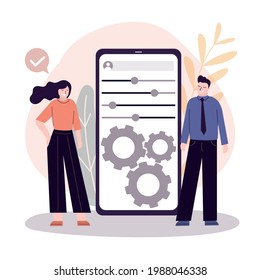 Employees users customize settings on phone screen. Mobile phone screen with users personal page. User interface customization, programming. Concept of creating and setting. Flat vector illustration