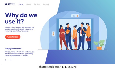Employees using office building lift. Business people standing inside elevator cabin with open doors. Vector illustration for architecture, business interior, urban style concept