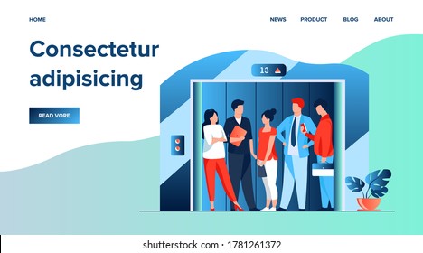 Employees Using Office Building Lift. Business People Standing Inside Elevator Cabin With Open Doors. Vector Illustration For Architecture, Business Interior, Urban Style Concept