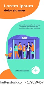 Employees using office building lift. Business people standing inside elevator cabin with open doors. Vector illustration for architecture, business interior, urban style concept