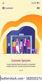 Employees using office building lift. Business people standing inside elevator cabin with open doors. Vector illustration for architecture, business interior, urban style concept