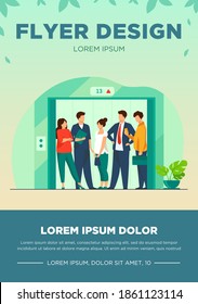 Employees using office building lift. Business people standing inside elevator cabin with open doors. Vector illustration for architecture, business interior, urban style concept