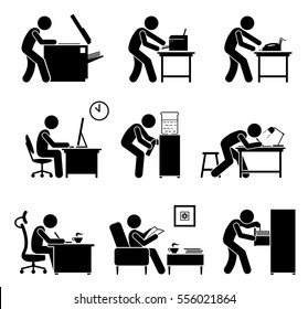 Employees using office equipments in workplace. Worker making copy with photostat machine, printing with printer, receiving fax, using computer, designing, writing, and searching files inside cabinet.