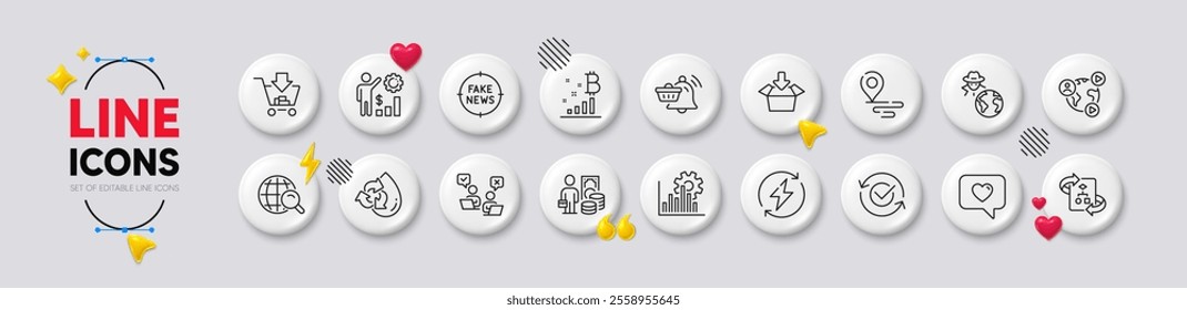 Employees wealth, Approved and Place line icons. White buttons 3d icons. Pack of Fake news, Video conference, Seo graph icon. Get box, Notification cart, Fraud pictogram. Vector