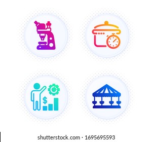 Employees wealth, Microscope and Boiling pan icons simple set. Button with halftone dots. Carousels sign. Results chart, Chemistry laboratory, Cooking timer. Attraction park. Technology set. Vector