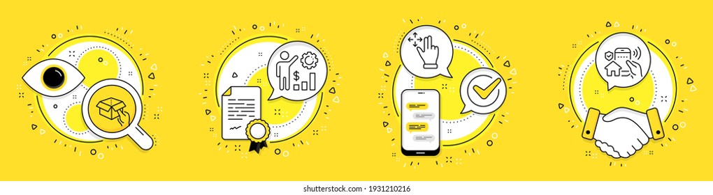 Employees wealth, Move gesture and Hold box line icons set. Licence, cell phone and deal vector icons. House security sign. Results chart, Swipe, Delivery parcel. Smart home. People set. Vector