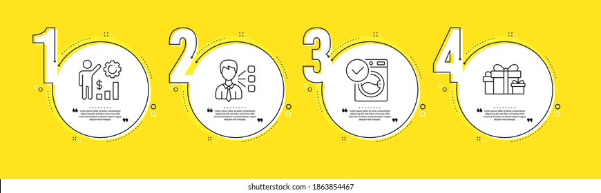 Juego de iconos de línea de empleados, lavadora y de terceros. Información del proceso de línea de tiempo. Las vacaciones presentan un cartel. Cuadro de resultados, Lavandería, Jefe de equipo. Cajas de regalo. Conjunto de negocios. Vector