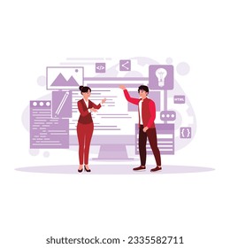 Empleados que realizan el ensamblado de páginas web. Concepto de estudio de diseño web en la vista principal. Ilustración plana vectorial moderna de tendencia.