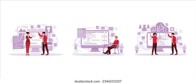 Mitarbeiter, die die Zusammenstellung von Webseiten vornehmen. Erstellen Sie eine Layoutskizze für die Website-Entwicklung. Zwei Entwickler entwickeln und gestalten. Webdesign-Konzept. Trend Modern einstellen, Vektorgrafik-Flachgrafik