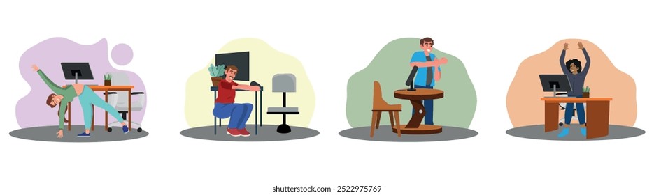 Employees who work from home or in the office stretch and do small exercises in the workplace to rest and relax. Removing muscle tension and pain. Cartoon characters, vector in flat style