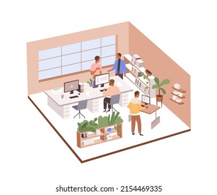 Employees at work in ergonomic office. Colleagues sitting and standing at desks, working at computers in company. People in corporate workspace. Flat vector illustration isolated on white background