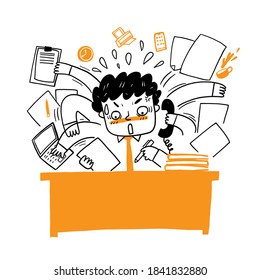 Employees work hard on many duties by one person on a busy Monday, Vector Illustration doodle style