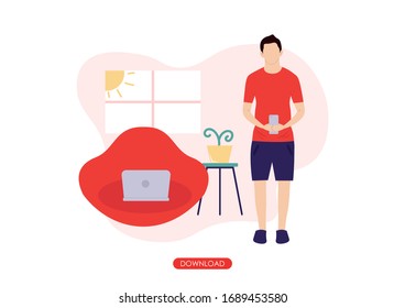 Employees work from home during covid-19 outbreak. Prevention of Corona Virus. Self-quarantine concept. man working on laptop and gadget. stay home, stay safe illustration