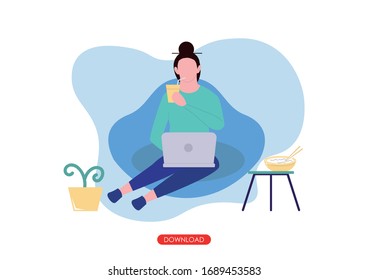 Employees work from home during covid-19 outbreak. Prevention of Corona Virus. Self quarantine concept. Woman working on laptop, sit on the sofa with drink a coffee. stay home, stay safe illustration