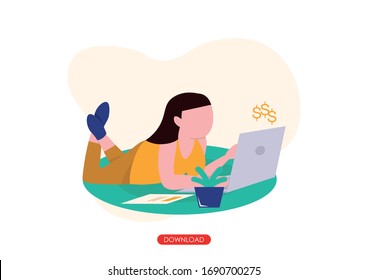 Employees work from home during covid-19 outbreak. Prevention of Corona Virus. Self quarantine concept. Woman working on laptop and lying on the floor. stay home, stay safe illustration