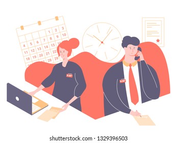 Employees work in the office. A woman is sitting with a laptop. A man answers the phone. Teamwork, work day, joint project. Vector illustration for landing pages and printed materials.