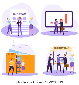 employees work together, office workers work like a good team, mutual understanding within the team, set of vector colorful illustrations with characters